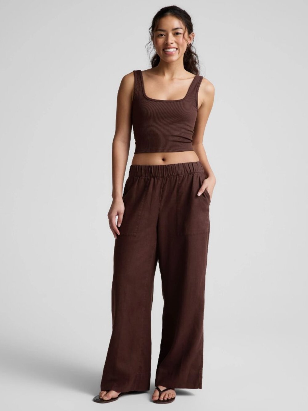 NEW Beyond Yoga SoftWash Linen Easy Wide Leg Pant in Iced Mocha Brown